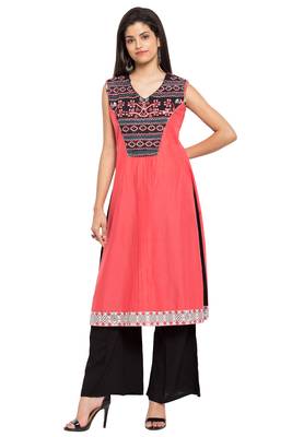 Pink Printed Cotton Stitched Long Kurti 1
