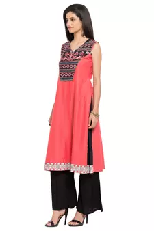 Pink Printed Cotton Stitched Long Kurti