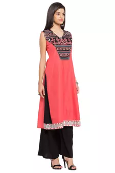 Pink Printed Cotton Stitched Long Kurti