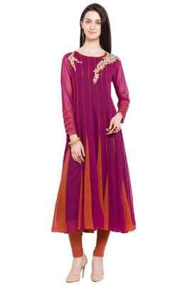 Magenta Embroidered Georgette Stitched Long Kurti 1