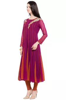 Magenta Embroidered Georgette Stitched Long Kurti