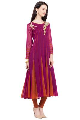 Magenta Embroidered Georgette Stitched Long Kurti 3