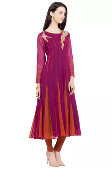 Magenta Embroidered Georgette Stitched Long Kurti
