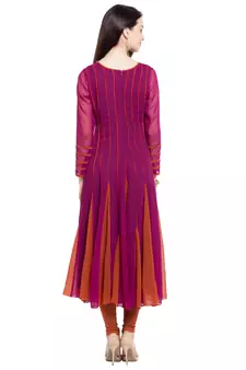 Magenta Embroidered Georgette Stitched Long Kurti
