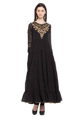 Black Embroidered Georgette Stitched Long Kurti 1