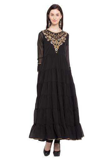 Black Embroidered Georgette Stitched Long Kurti