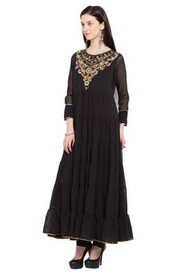 Black Embroidered Georgette Stitched Long Kurti 2