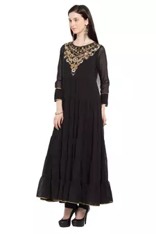 Black Embroidered Georgette Stitched Long Kurti