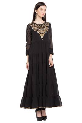 Black Embroidered Georgette Stitched Long Kurti 3