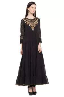 Black Embroidered Georgette Stitched Long Kurti