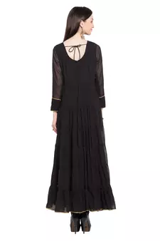 Black Embroidered Georgette Stitched Long Kurti