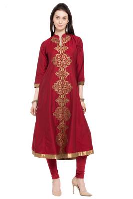 Red Embroidered Cotton Stitched Long Kurti 1