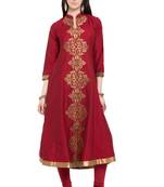 Red Embroidered Cotton Stitched Long Kurti
