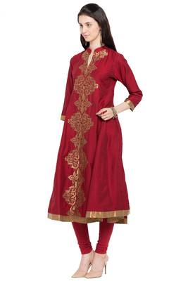 Red Embroidered Cotton Stitched Long Kurti 2