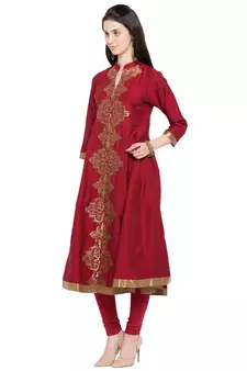 Red Embroidered Cotton Stitched Long Kurti