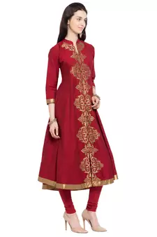 Red Embroidered Cotton Stitched Long Kurti