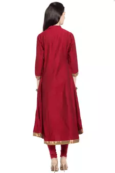 Red Embroidered Cotton Stitched Long Kurti