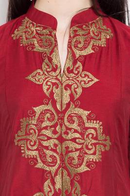 Red Embroidered Cotton Stitched Long Kurti 5