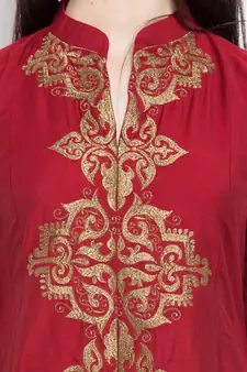 Red Embroidered Cotton Stitched Long Kurti