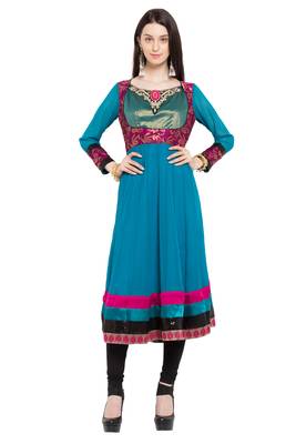 Blue Embroidered Georgette Stitched Long Kurti 1