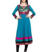 Blue Embroidered Georgette Stitched Long Kurti