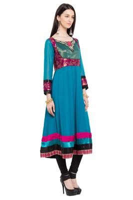 Blue Embroidered Georgette Stitched Long Kurti 2