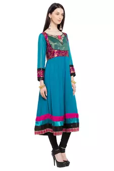 Blue Embroidered Georgette Stitched Long Kurti