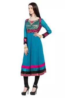 Blue Embroidered Georgette Stitched Long Kurti
