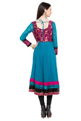 Blue Embroidered Georgette Stitched Long Kurti 4