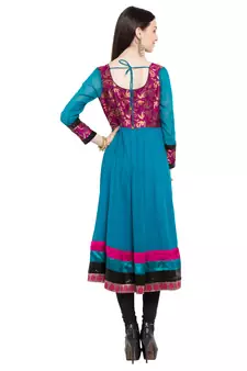 Blue Embroidered Georgette Stitched Long Kurti