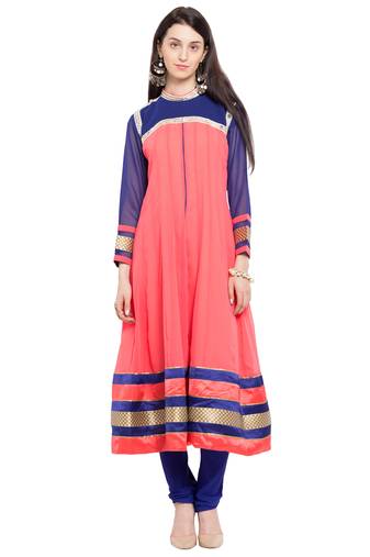 Pink Plain Georgette Stitched Long Kurti