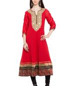 Red Embroidered Georgette Stitched Long Kurti
