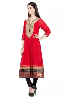 Red Embroidered Georgette Stitched Long Kurti