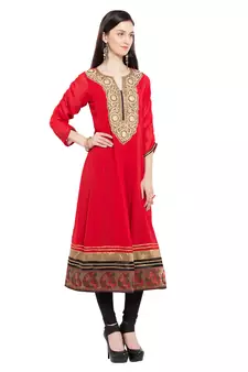 Red Embroidered Georgette Stitched Long Kurti