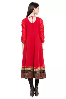 Red Embroidered Georgette Stitched Long Kurti