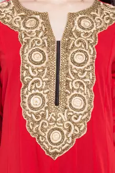 Red Embroidered Georgette Stitched Long Kurti