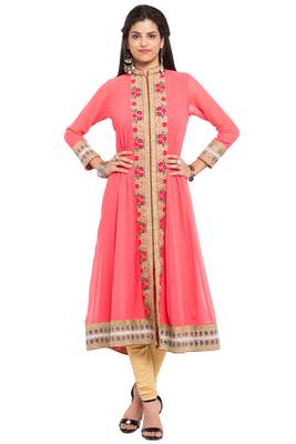 Pink Embroidered Georgette Stitched Long Kurti 1