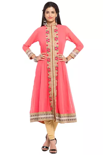Pink Embroidered Georgette Stitched Long Kurti