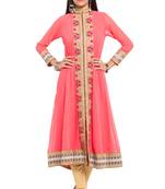 Pink Embroidered Georgette Stitched Long Kurti