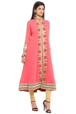 Pink Embroidered Georgette Stitched Long Kurti 3