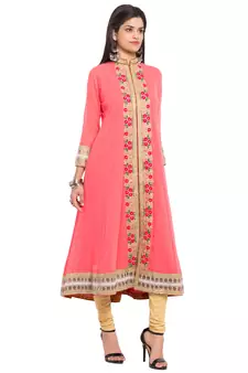Pink Embroidered Georgette Stitched Long Kurti