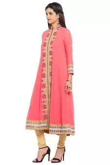 Pink Embroidered Georgette Stitched Long Kurti