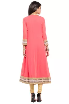 Pink Embroidered Georgette Stitched Long Kurti