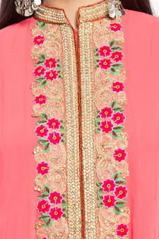Pink Embroidered Georgette Stitched Long Kurti