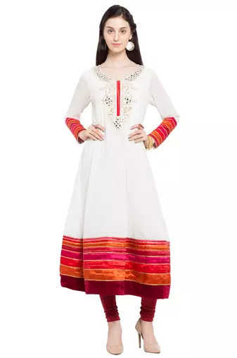 White Embroidered Georgette Stitched Long Kurti