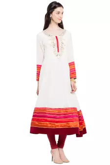 White Embroidered Georgette Stitched Long Kurti