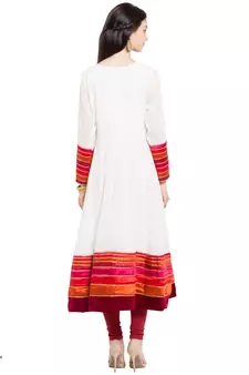 White Embroidered Georgette Stitched Long Kurti