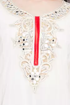 White Embroidered Georgette Stitched Long Kurti