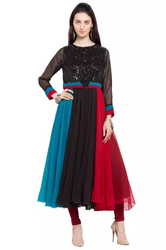Black Embroidered Georgette Stitched Long Kurti