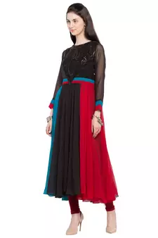 Black Embroidered Georgette Stitched Long Kurti